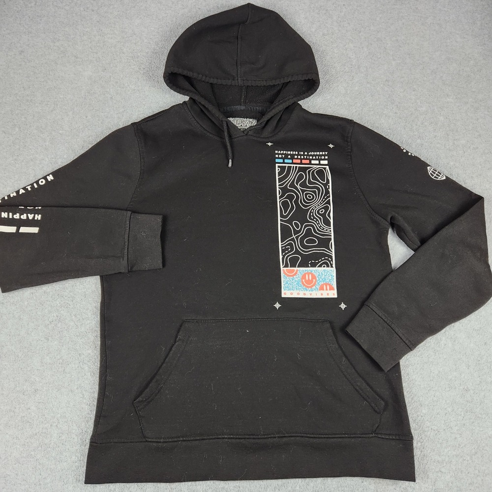 Brooklyn Cloth Hoodie Men Medium Black Graphic Topographic Map Good Vibes Pocket